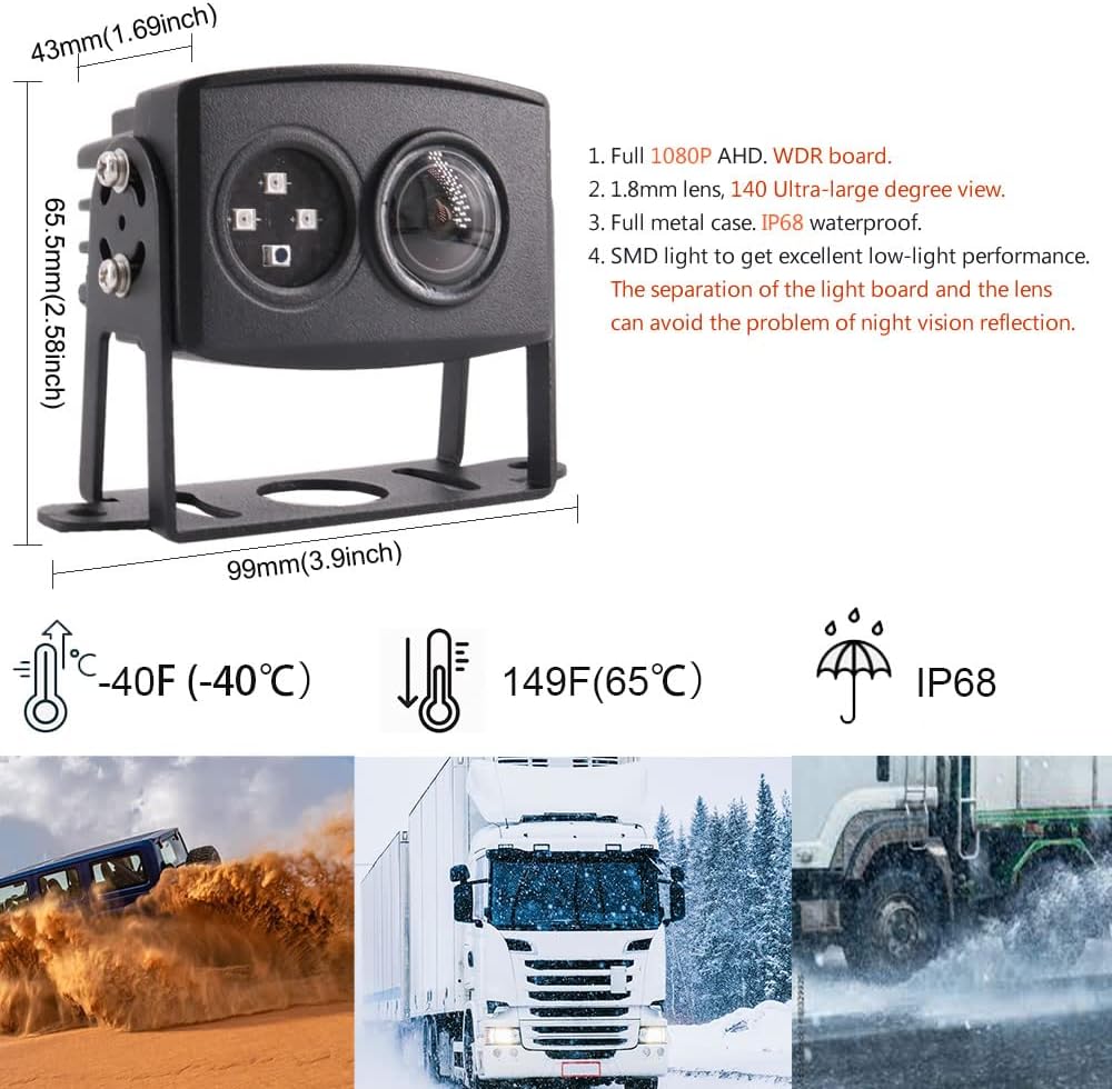 Cámara para automóvil con ángulo de visión amplio de 140 grados, NTSC 1080P AHD, cámara para automóvil con vista frontal y lateral trasera, luz SMD totalmente impermeable para visión nocturna