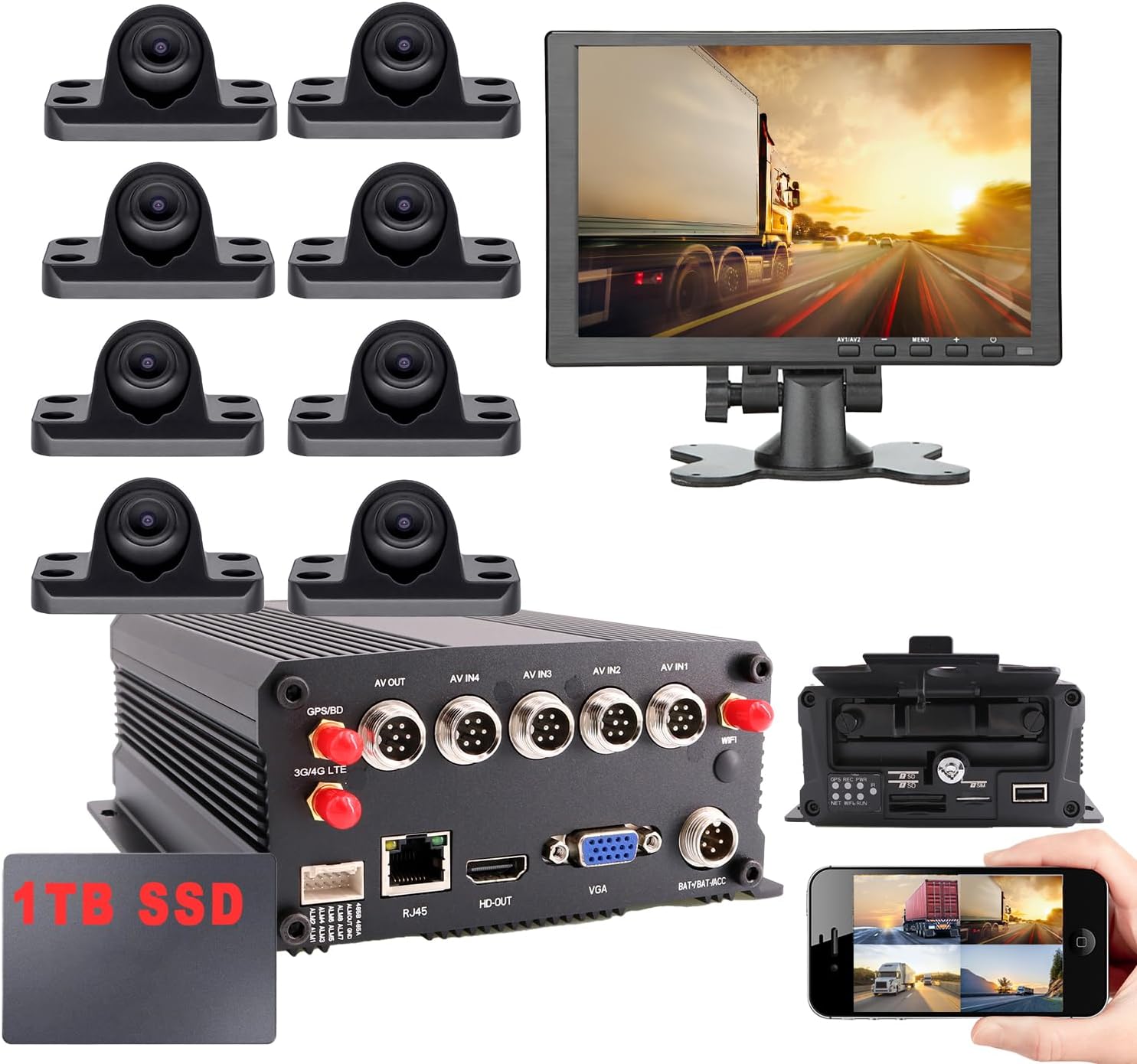 Sistema de cámara de respaldo DVR móvil de 8 canales, pantalla HD de 10", monitor remoto en PC, teléfono, GPS, WiFi, SIM 4G, grabadora de video DVR MDVR con minicámaras impermeables