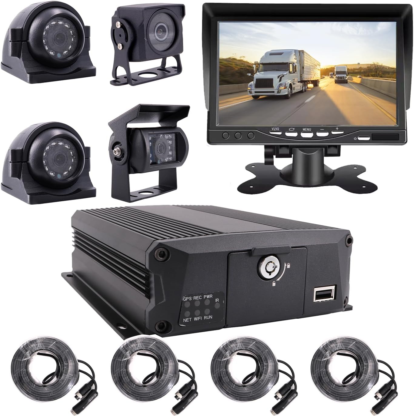 Kit de grabadora de video DVR CCTV para vehículo móvil, 4 canales, 1080P, con visión nocturna, impermeable, cámara de visión trasera frontal lateral