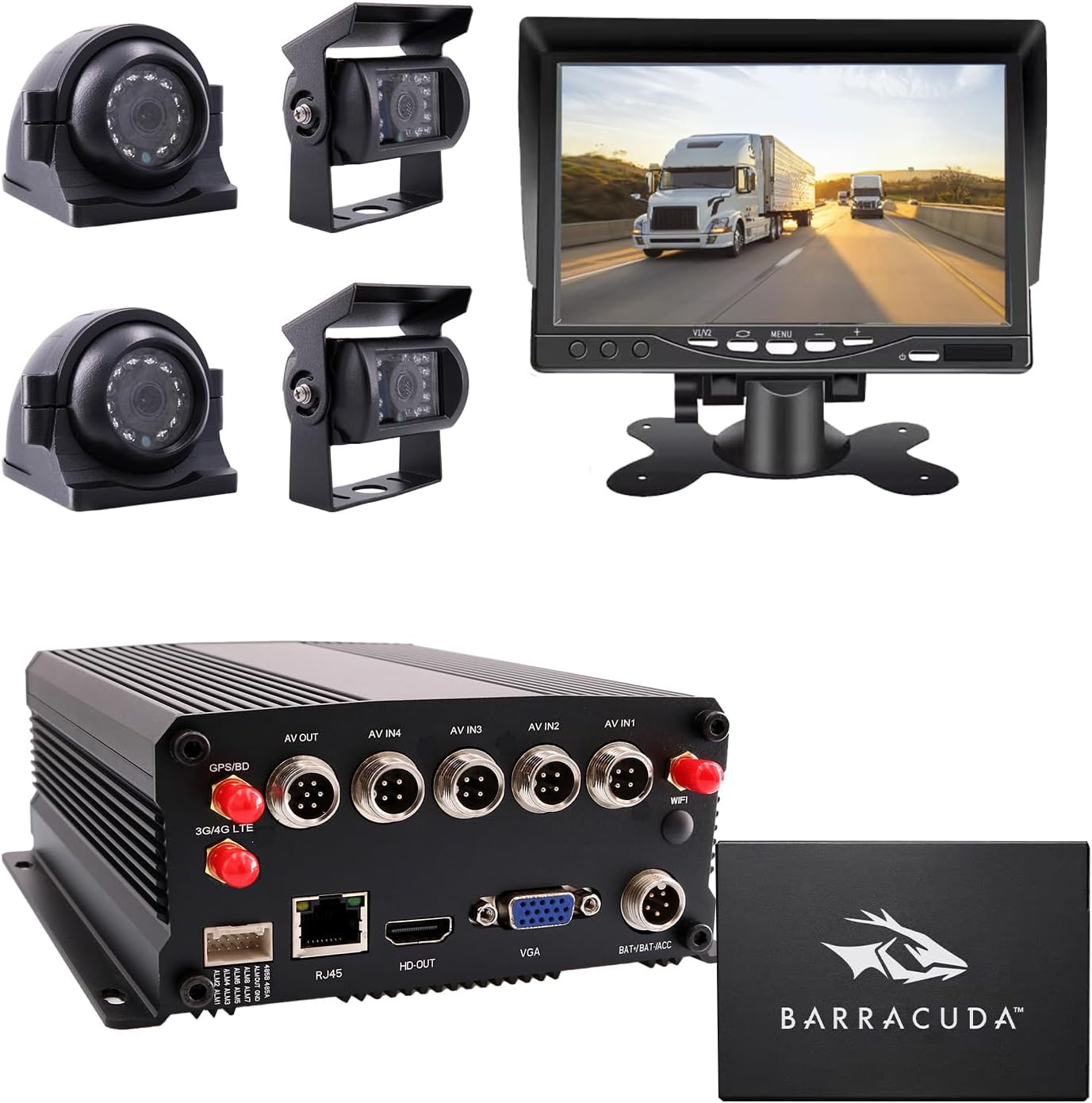 Kit de grabadora de video DVR con unidad HDD/SSD/SD de 4 canales, GPS, 4G, WiFi, 1080P, vista en vivo en PC y teléfono con 4 cámaras de metal infrarrojas de visión trasera lateral