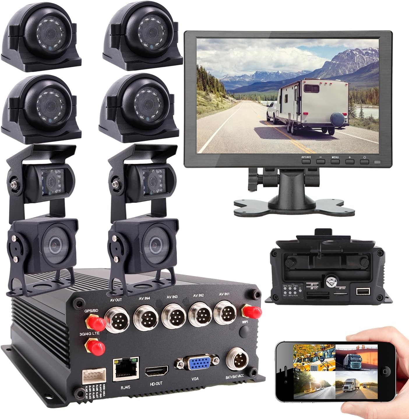 Kit de grabadora de vídeo DVR MDVR, 8 canales, 4G, GPS, WiFi, 1080N, grabación en bucle, detección de movimiento, 8 cámaras infrarrojas impermeables