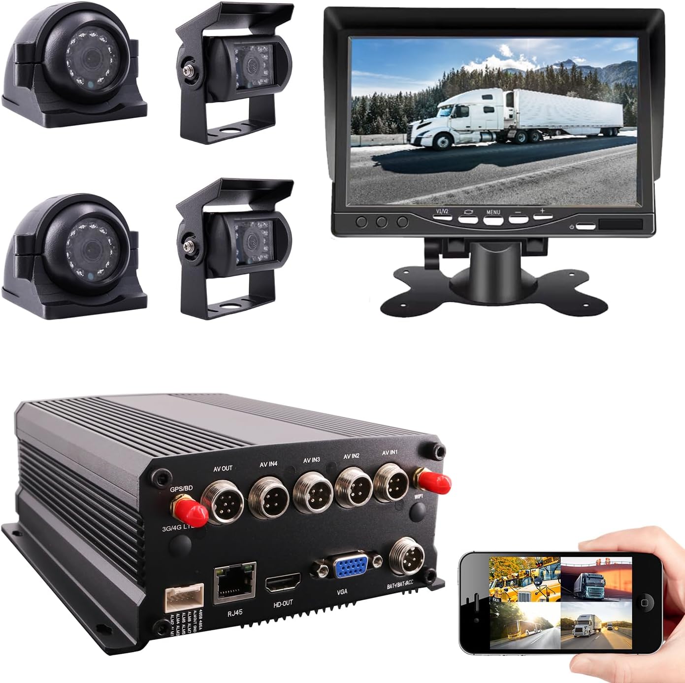 Kit de grabadora de video DVR con unidad SSD/SD, GPS, WiFi, 1080P, AHD, 4 canales, vista remota en tiempo real en PC, teléfono, 4 cámaras IR de visión trasera lateral