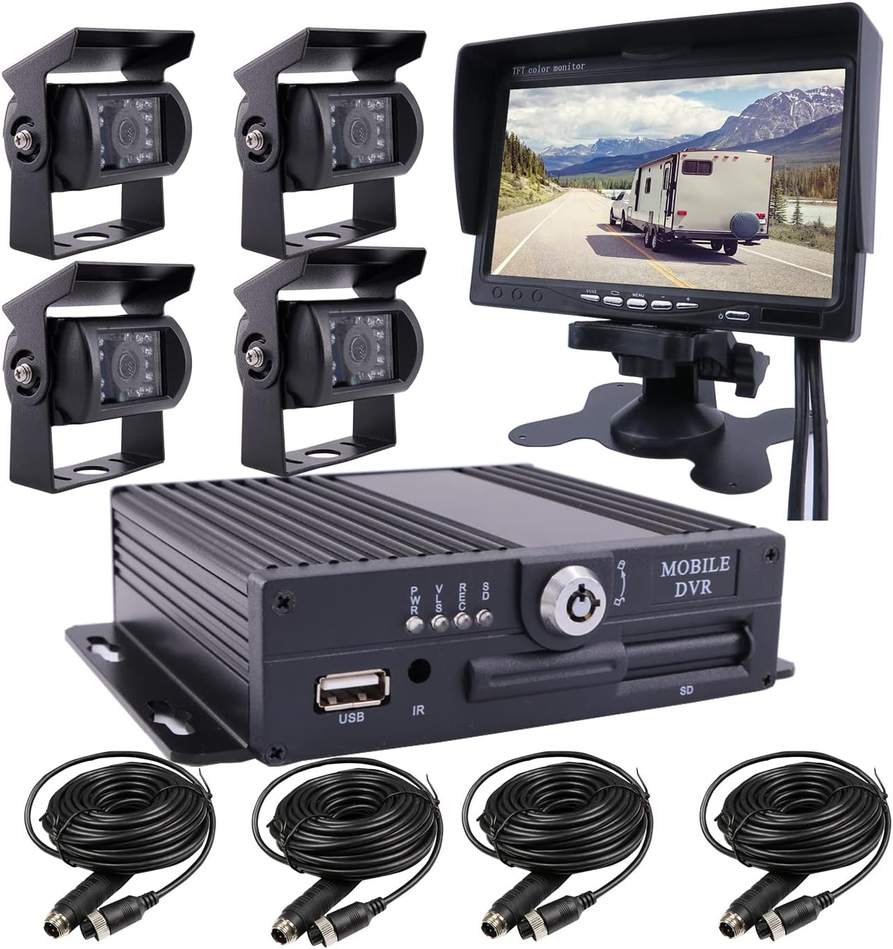 Kit de grabadora de video DVR para automóvil de 4 canales, 256 GB, 1080P, AHD HD, con caja negra y 4 cámaras de visión trasera lateral, impermeables