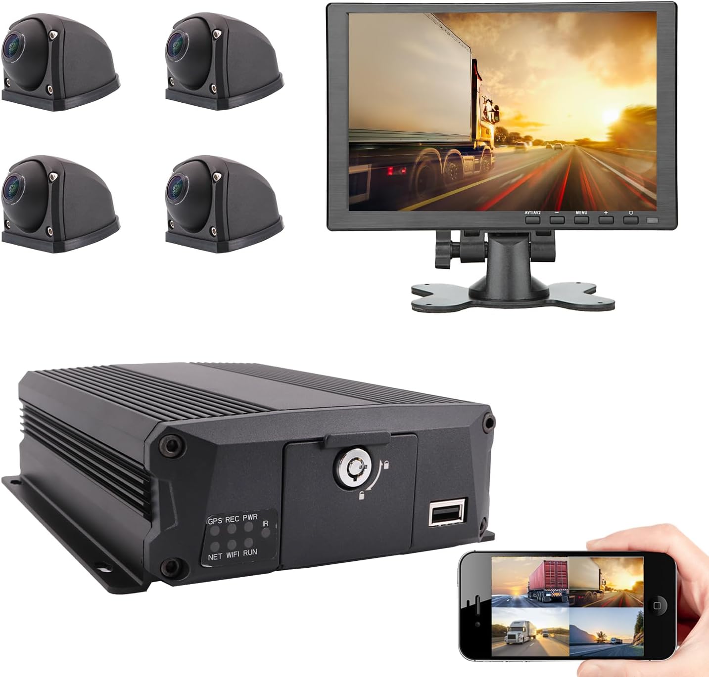 Kit de grabadora de video DVR para camión, 4 canales, GPS, WiFi, 1080P, aplicación remota web/vista en vivo, ángulo de visión de 120°, minicámara impermeable, pantalla de 10"